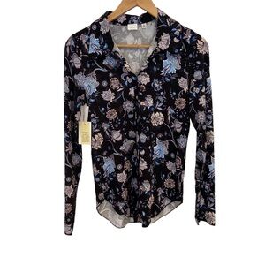Aritzia Wilfred Pose Blouse Black Blue Floral Long Sleeve Jersey Medium NWT